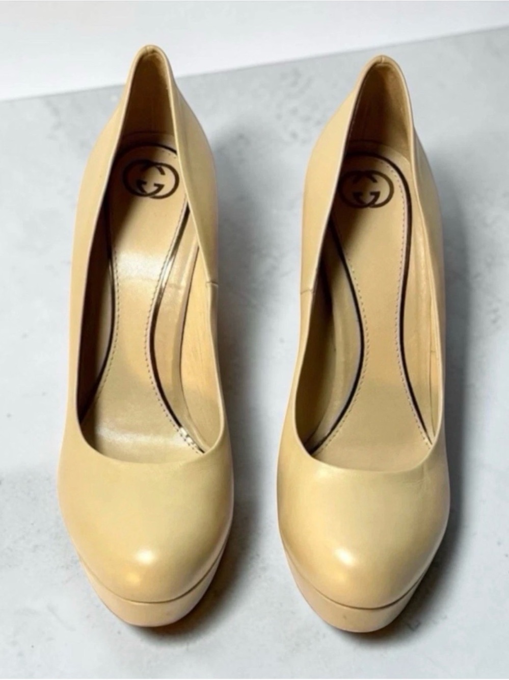 Gucci Nude Leather Platform Pumps Heels EU 39 US 8.5 Classic Bridal Heels Italy